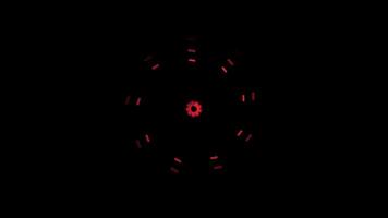 Animation loop technology shows red lines of light moving in circular waves on dark background. Red neon circles abstract futuristic motion background with space for text. Loop animation. video