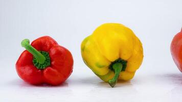 Three bell peppers isolated on white background. Bell peppers of various colors on a white background. video