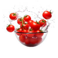 ai gegenereerd vers tomaten vliegend in kom geïsoleerd Aan transparant achtergrond png