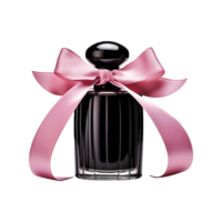 ai gerado Preto vidro perfume garrafa e Rosa fita isolado em transparente fundo png