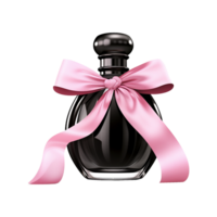 AI generated Black glass perfume bottle and pink ribbon isolated on transparent background png