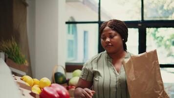 Woman smelling natural rich lemons from local farm, enjoying citric aroma and deciding to buy freshly harvested fruits. African american client choosing ecological produce. Tripod shot. video