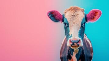 AI generated minimalist vivid advertisment background with cute cow and copy space photo