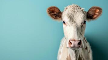 AI generated minimalist vivid advertisment background with cute cow and copy space photo