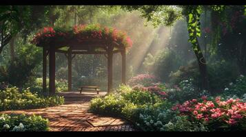 AI generated Romantic escapade in a lush garden, ideal for love-themed advertising photo