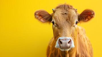 AI generated minimalist vivid advertisment background with cute cow and copy space photo