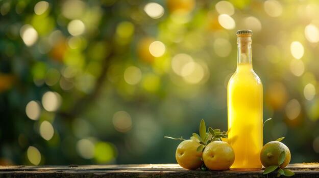 AI generated limoncello bottle on summer blurred bokeh background photo