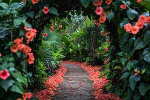 ai generado romántico escapada en un lozano jardín, ideal para tema de amor publicidad foto