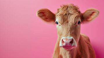 AI generated minimalist vivid advertisment background with cute cow and copy space photo