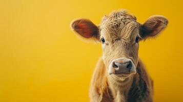 AI generated minimalist vivid advertisment background with cute cow and copy space photo