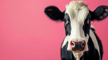 AI generated minimalist vivid advertisment background with cute cow and copy space photo