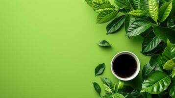 AI generated minimalist vivid advertisment background with green coffee and copy space photo