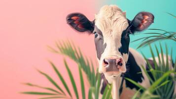 AI generated minimalist vivid advertisment background with cute cow and copy space photo