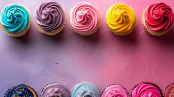 AI generated minimalist vivid advertisment background with cupcakes and copy space photo