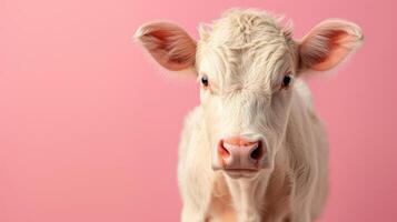 AI generated minimalist vivid advertisment background with cute cow and copy space photo