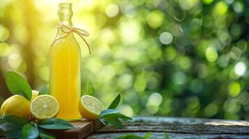 ai generado licor de limón italiano botella en verano borroso bokeh antecedentes foto