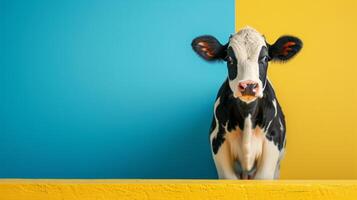 AI generated minimalist vivid advertisment background with cute cow and copy space photo