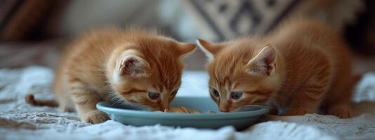 AI generated kittens eat from a blue plate photo