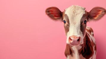 AI generated minimalist vivid advertisment background with cute cow and copy space photo