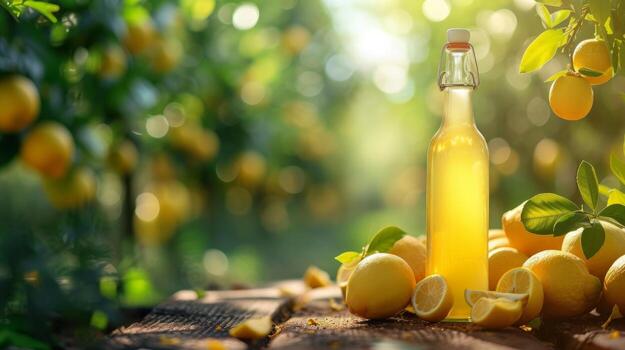 AI generated limoncello bottle on summer blurred bokeh background photo