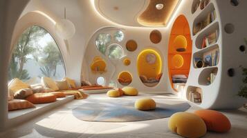 AI generated Modern Fantasyland. A stylish, child-centric room designed for learning, playing, and dreaming photo