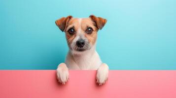 AI generated minimalist vivid advertisment background with cute dog and copy space photo