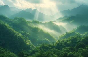 AI generated beautiful mountains in the sun with sunlight streaming through the tree tops photo