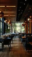 AI generated A modern restaurant interior exuding sophistication, inviting guests to savor exquisite dining photo