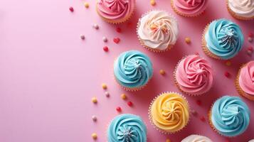 AI generated minimalist vivid advertisment background with cupcakes and copy space photo