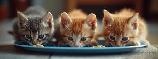 ai generado gatitos comer desde un azul plato foto