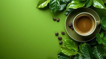 AI generated minimalist vivid advertisment background with green coffee and copy space photo
