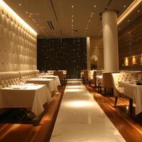 AI generated A modern restaurant interior exuding sophistication, inviting guests to savor exquisite dining photo