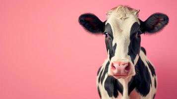 AI generated minimalist vivid advertisment background with cute cow and copy space photo