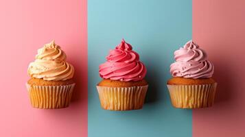 AI generated minimalist vivid advertisment background with cupcakes and copy space photo