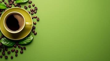 AI generated minimalist vivid advertisment background with green coffee and copy space photo