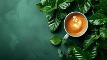 AI generated minimalist vivid advertisment background with green coffee and copy space photo