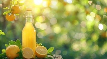 AI generated limoncello bottle on summer blurred bokeh background photo