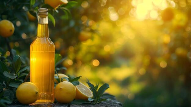 AI generated limoncello bottle on summer blurred bokeh background photo