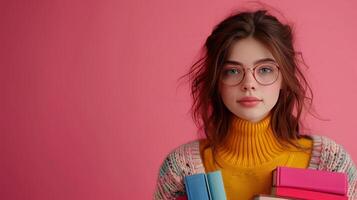 AI generated minimalist vivid advertisment background with handsome girl with books and copy space photo