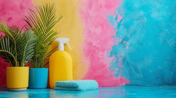 AI generated minimalist vivid advertisment spring cleaning background with copy space photo