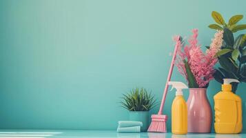 AI generated minimalist vivid advertisment spring cleaning background with copy space photo