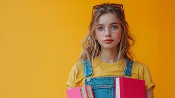 AI generated minimalist vivid advertisment background with handsome girl with books and copy space photo