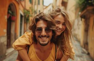 AI generated man piggybacking girl on a street in lazio happy couple photo