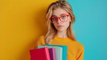 AI generated minimalist vivid advertisment background with handsome girl with books and copy space photo