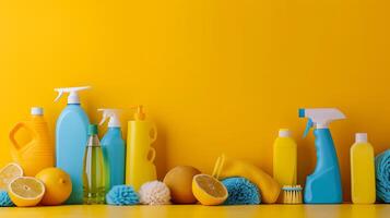 AI generated minimalist vivid advertisment spring cleaning background with copy space photo