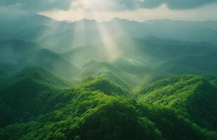 AI generated green mountains and sunbeams in sunlit day mountain photo