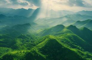 AI generated green mountains and sunbeams in sunlit day mountain photo