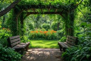 ai generado romántico escapada en un lozano jardín, ideal para tema de amor publicidad foto