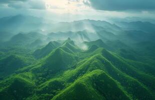 AI generated green mountains and sunbeams in sunlit day mountain photo