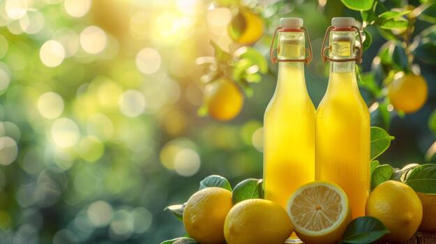 AI generated limoncello bottle on summer blurred bokeh background photo